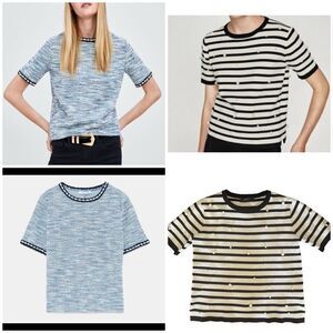 Zara bundle two short sleeve embellished tops sz S striped black&cream and blue